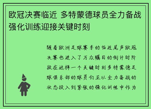 欧冠决赛临近 多特蒙德球员全力备战强化训练迎接关键时刻