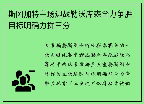 斯图加特主场迎战勒沃库森全力争胜目标明确力拼三分