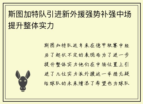 斯图加特队引进新外援强势补强中场提升整体实力
