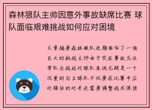 森林狼队主帅因意外事故缺席比赛 球队面临艰难挑战如何应对困境