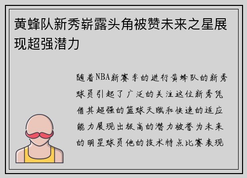 黄蜂队新秀崭露头角被赞未来之星展现超强潜力